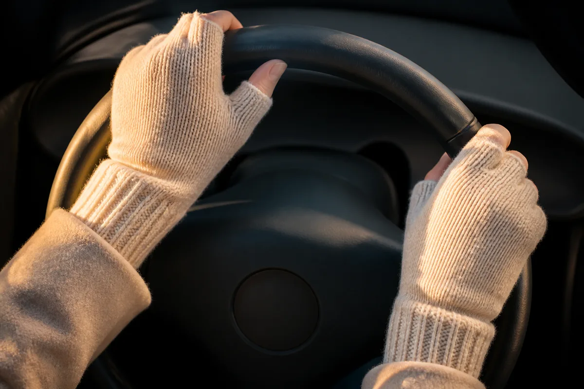 Mains gantées de mitaines claires posées sur un volant, lumière du soleil de côté