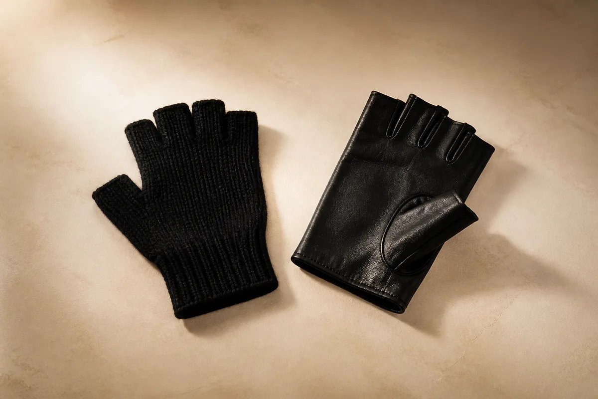 Deux mitaines noires pour femmes, l&rsquo;une en maille fine, l&rsquo;autre en cuir souple, posées sur un fond clair