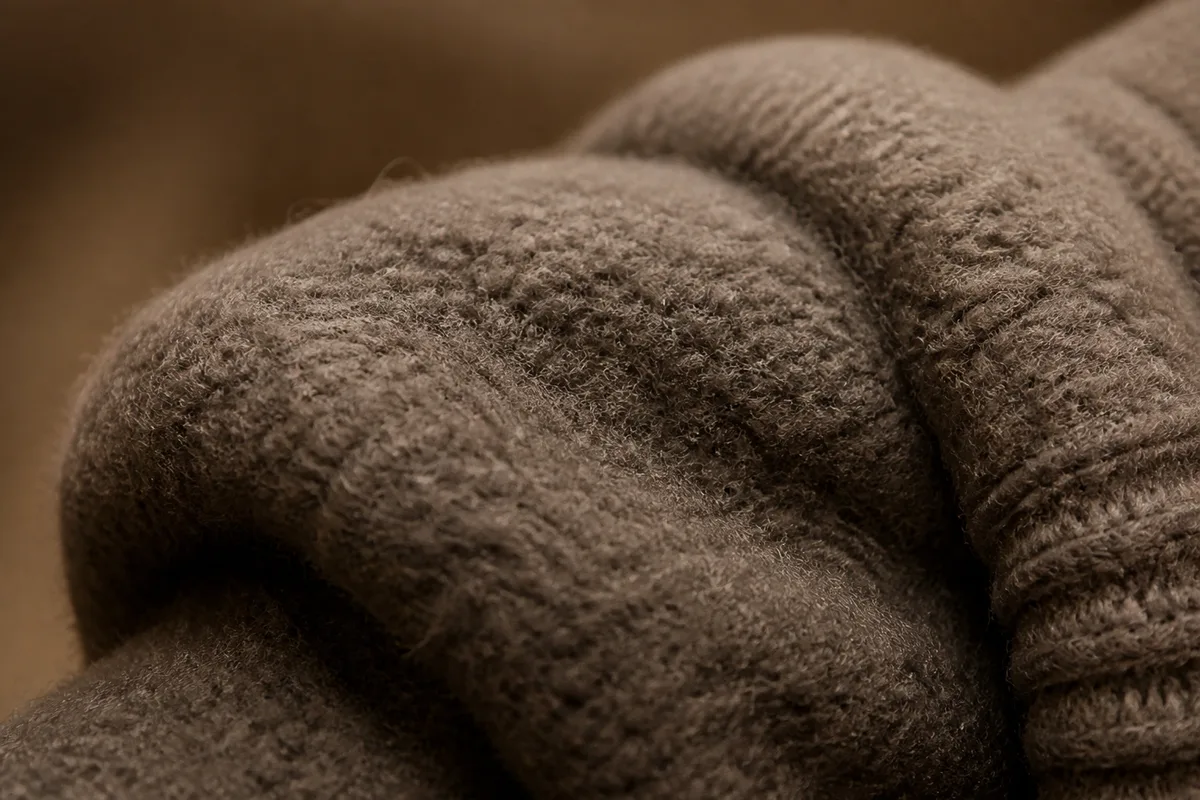 Gros plan sur le duvet gratté d’une mitaine polaire aux mailles tassées